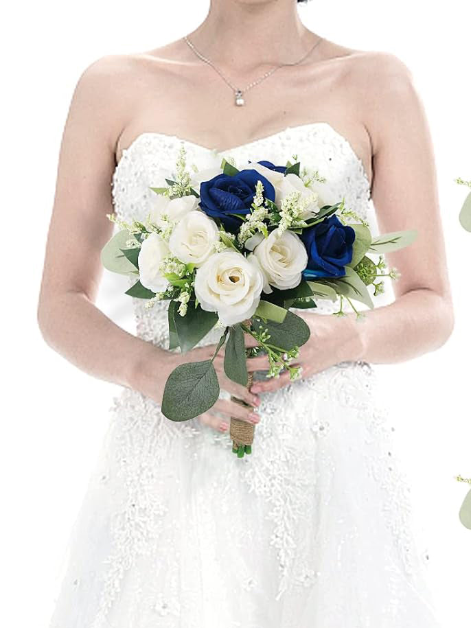Bridesmaid Bouquets Set Of 6 Artificial Flowers For Wedding Royal Blue White