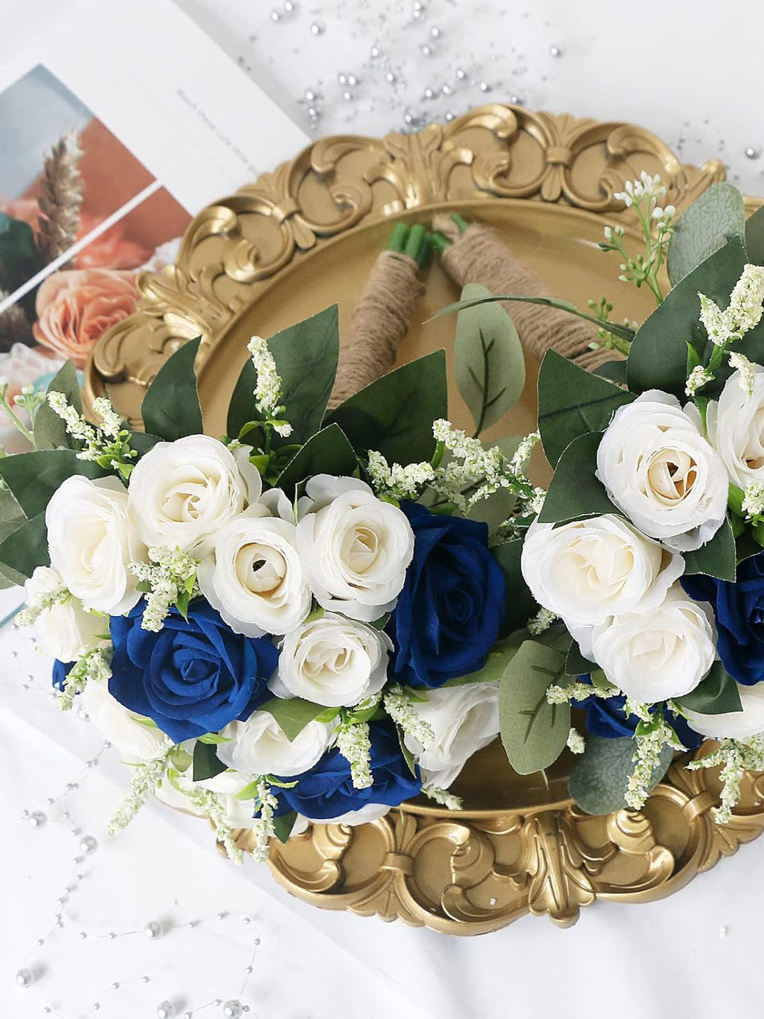 Bridesmaid Bouquets Set Of 6 Artificial Flowers For Wedding Royal Blue White