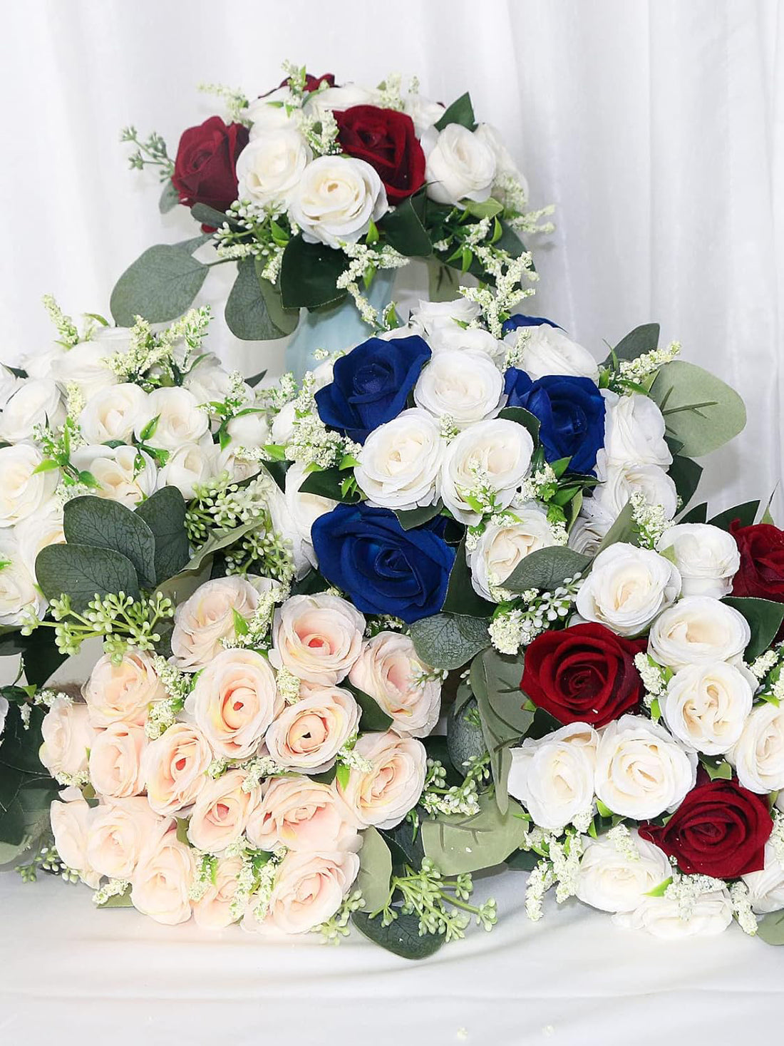 Bridesmaid Bouquets Set Of 6 Artificial Flowers For Wedding Royal Blue White