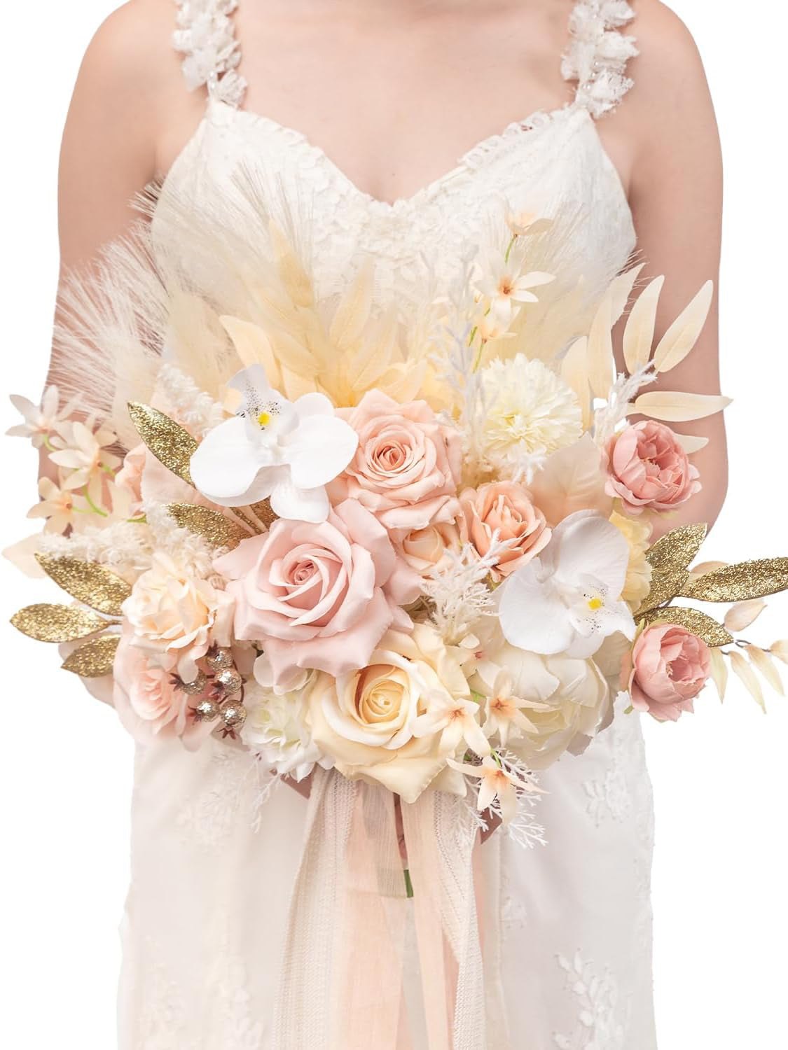 Champagne & Pink 13 Inch Artificial Wedding Bride Bouquets