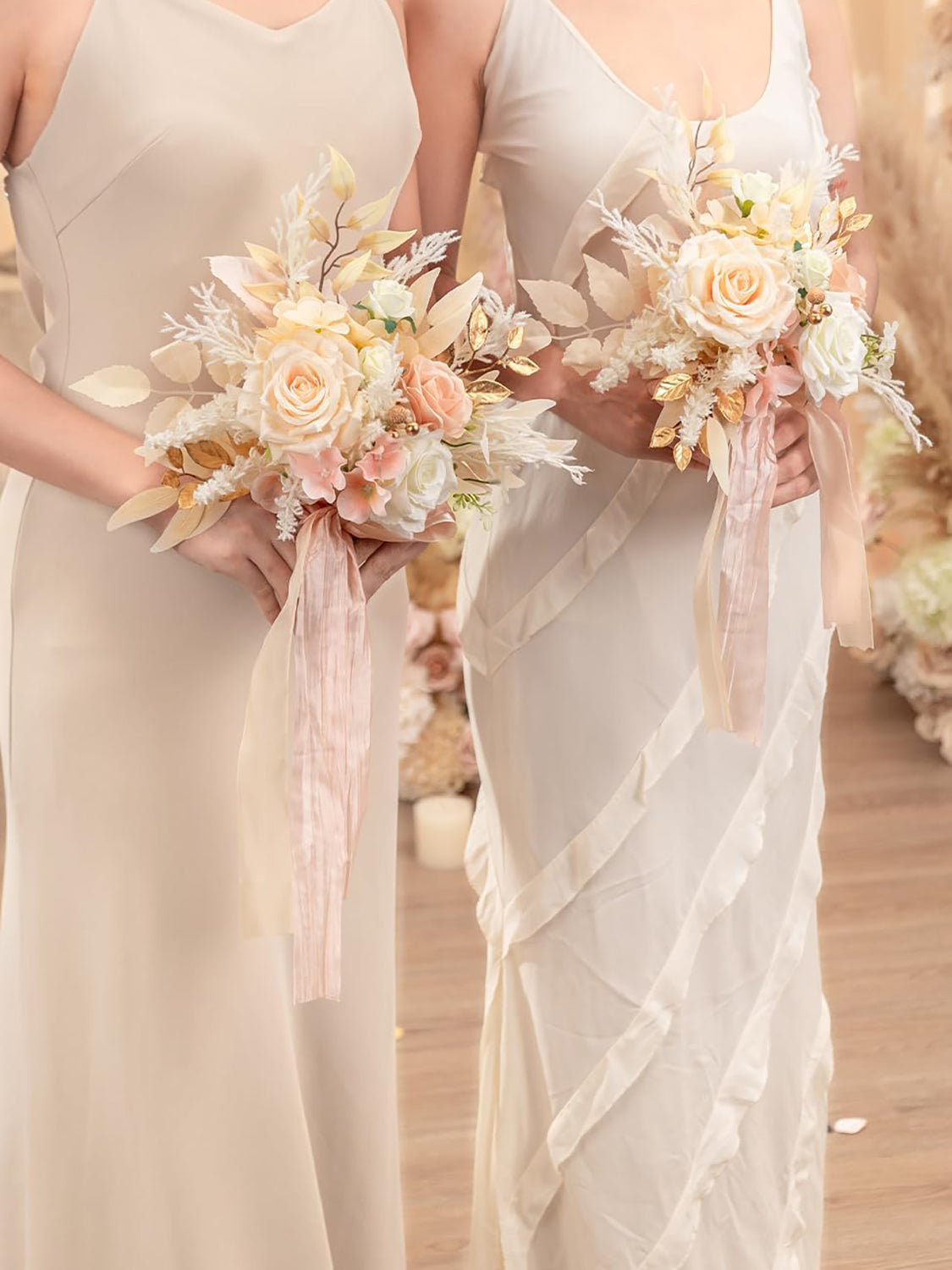 Champagne & Pink 7-inch Bridesmaid Bouquets for Wedding Set of 4