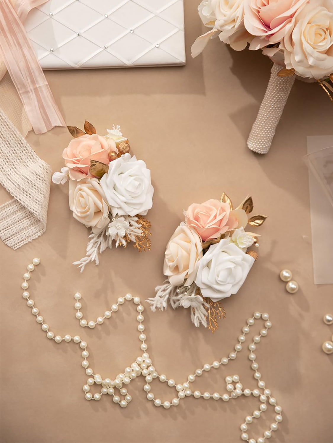 Champagne & Pink Artificial Shoulder Corsages Flowers Set of 2