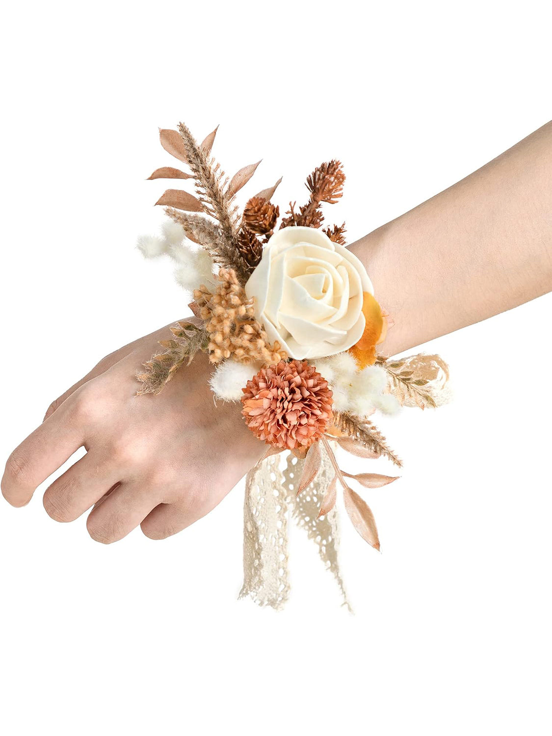 Beige Burnt Orange Rustic 6pcs Wedding Wrist Corsage Artificial Flowers