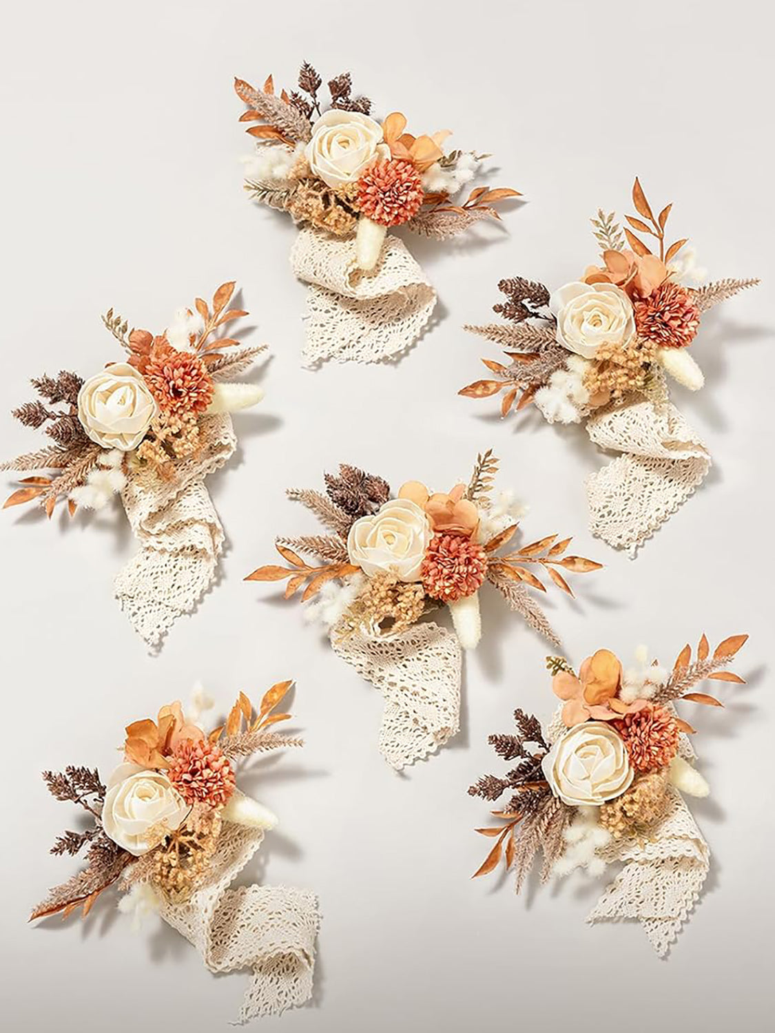 Beige Burnt Orange Rustic 6pcs Wedding Wrist Corsage Artificial Flowers