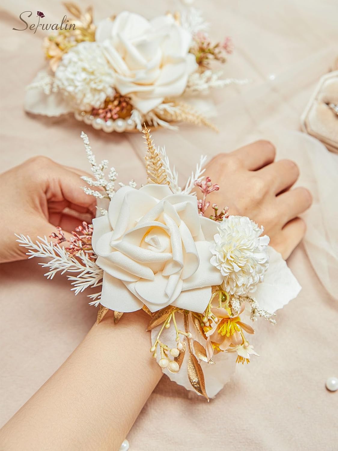 Champagne 6-7 Inch 2 Pcs Wrist Corsage for Wedding