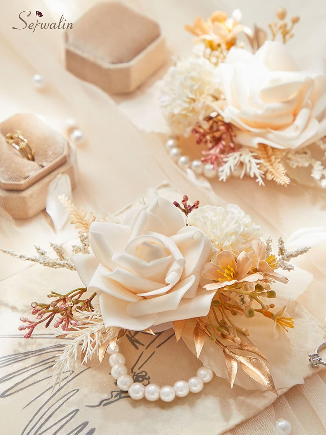 Champagne 6-7 Inch 2 Pcs Wrist Corsage for Wedding