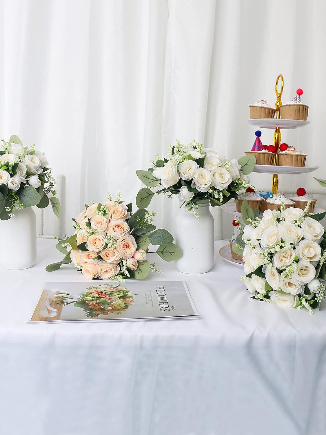 Ivory Artificial Flower Bouquet Set of 6 Bridesmaid Bouquets 7 Inch for Wedding