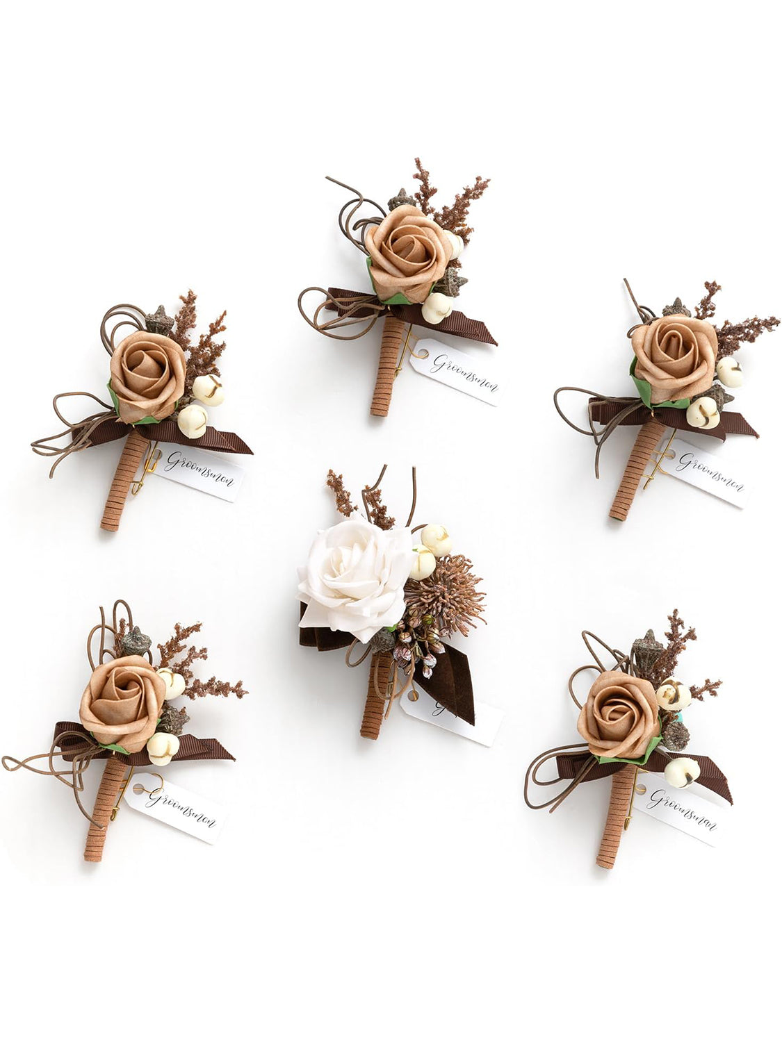 Sand Beige & White  6pcs Groom Groomsmen Boutonniere