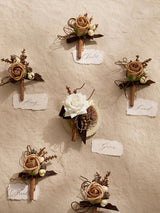Sand Beige & White  6pcs Groom Groomsmen Boutonniere