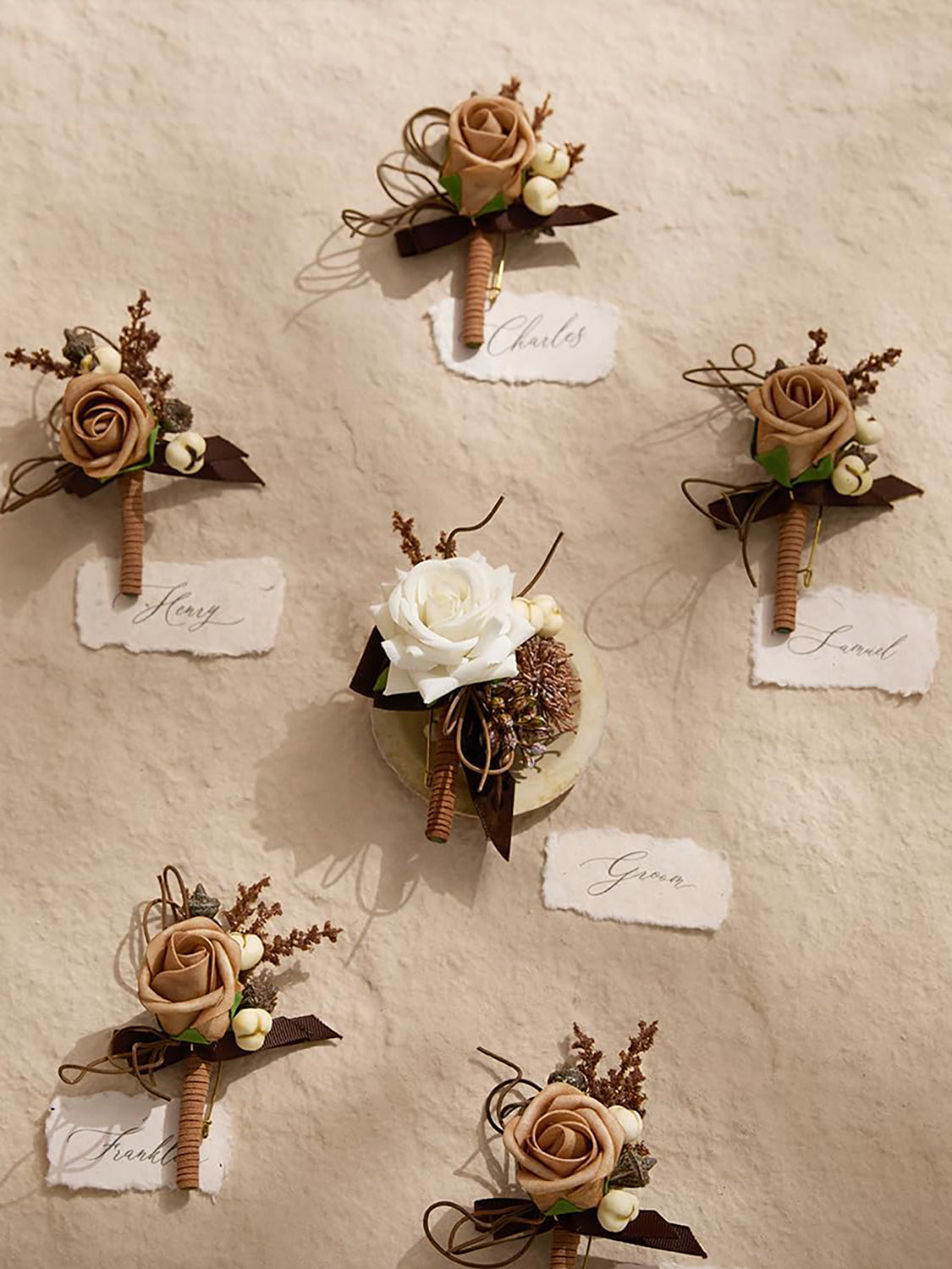 Sand Beige & White  6pcs Groom Groomsmen Boutonniere