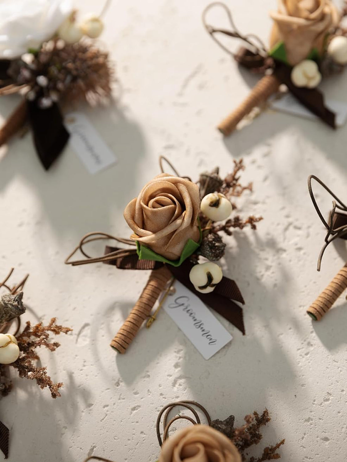 Sand Beige & White  6pcs Groom Groomsmen Boutonniere