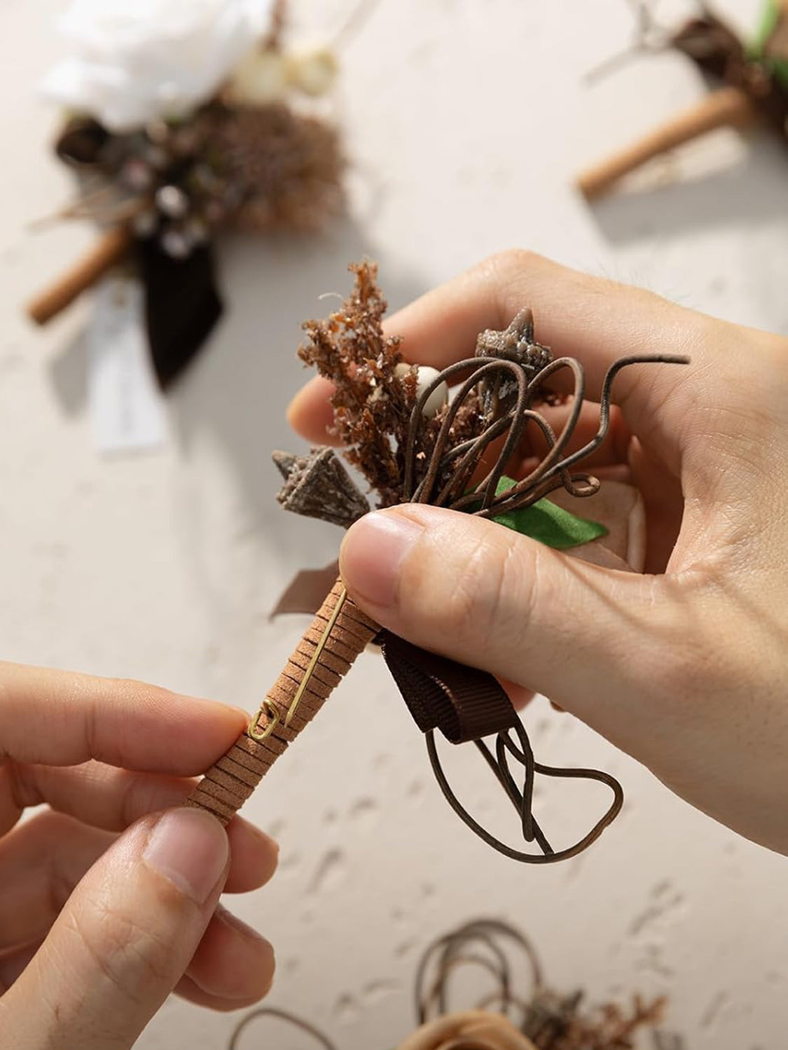 Sand Beige & White  6pcs Groom Groomsmen Boutonniere