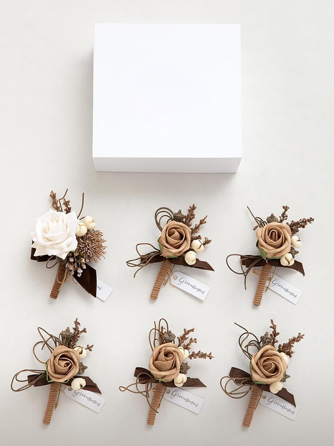 Sand Beige & White  6pcs Groom Groomsmen Boutonniere