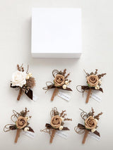 Sand Beige & White  6pcs Groom Groomsmen Boutonniere