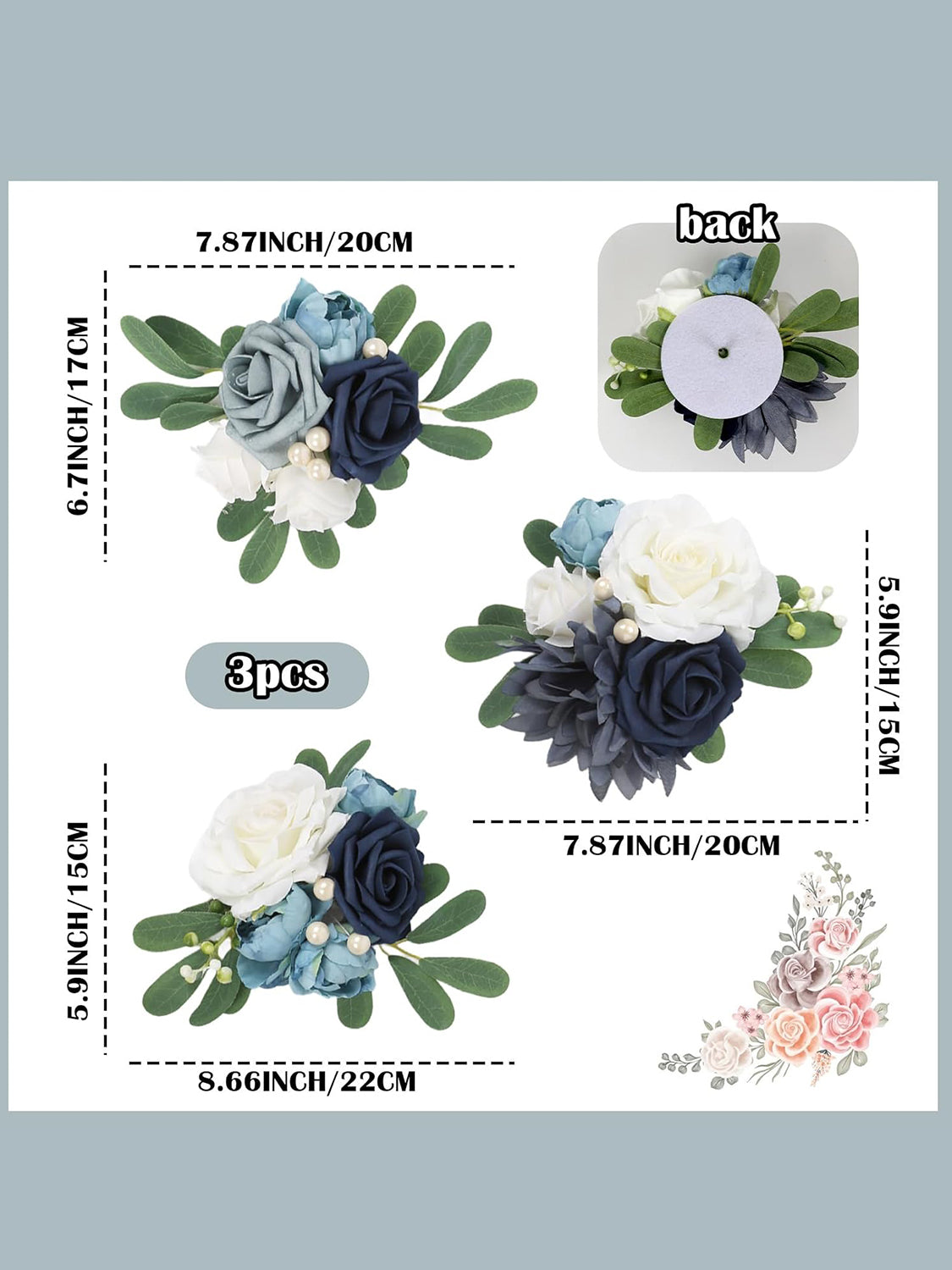 Blue Artificial Wedding Cake Topper Flowers Set of 3