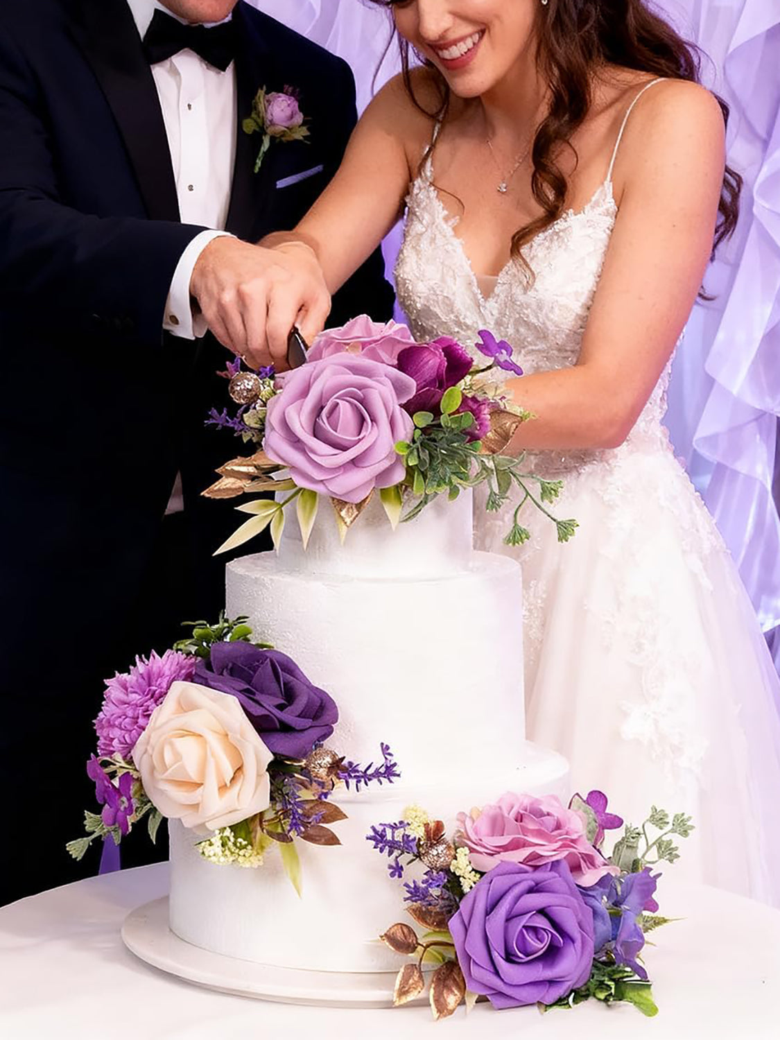 Purple 3Pcs Wedding  Artificial Flowers Decor Cake Decorations