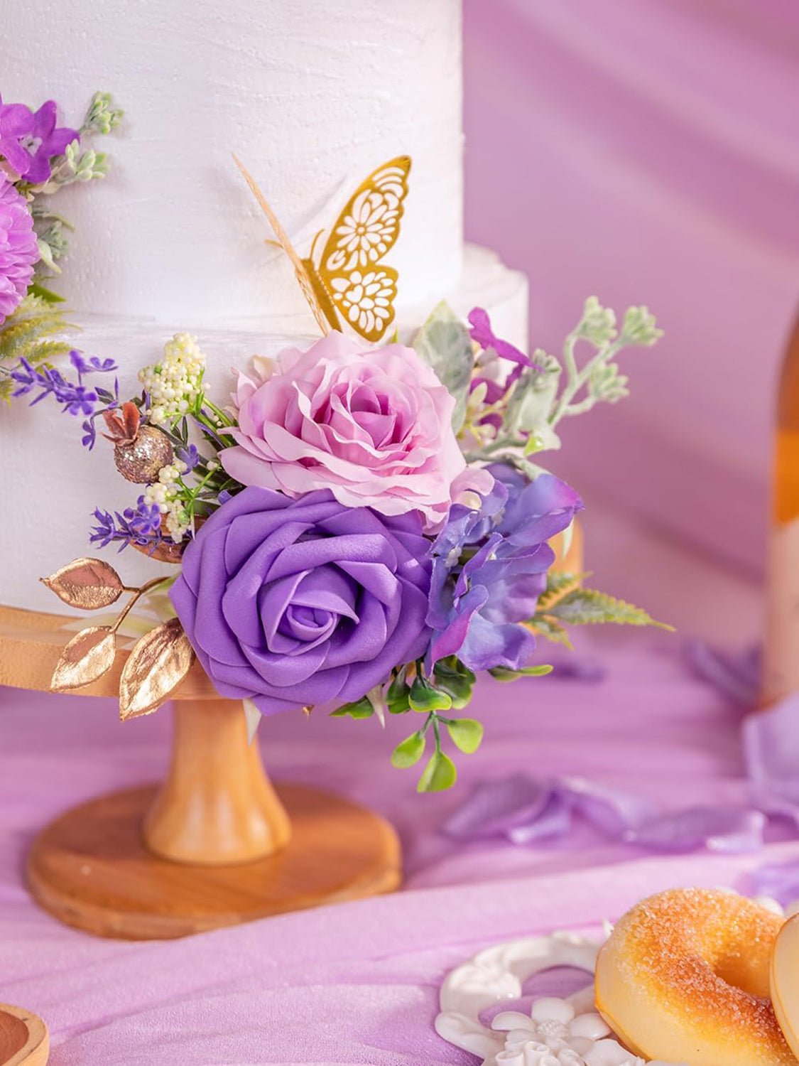 Purple 3Pcs Wedding  Artificial Flowers Decor Cake Decorations