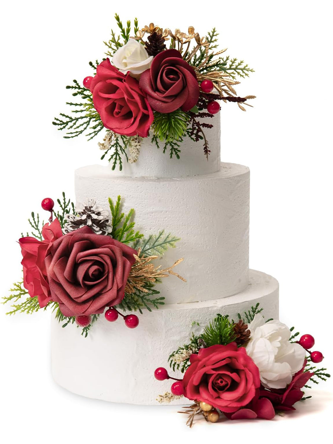 Burgundy 3Pcs Wedding  Artificial Flowers Decor Cake Decorations