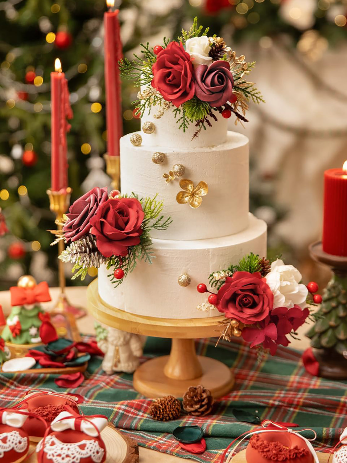 Burgundy 3Pcs Wedding  Artificial Flowers Decor Cake Decorations