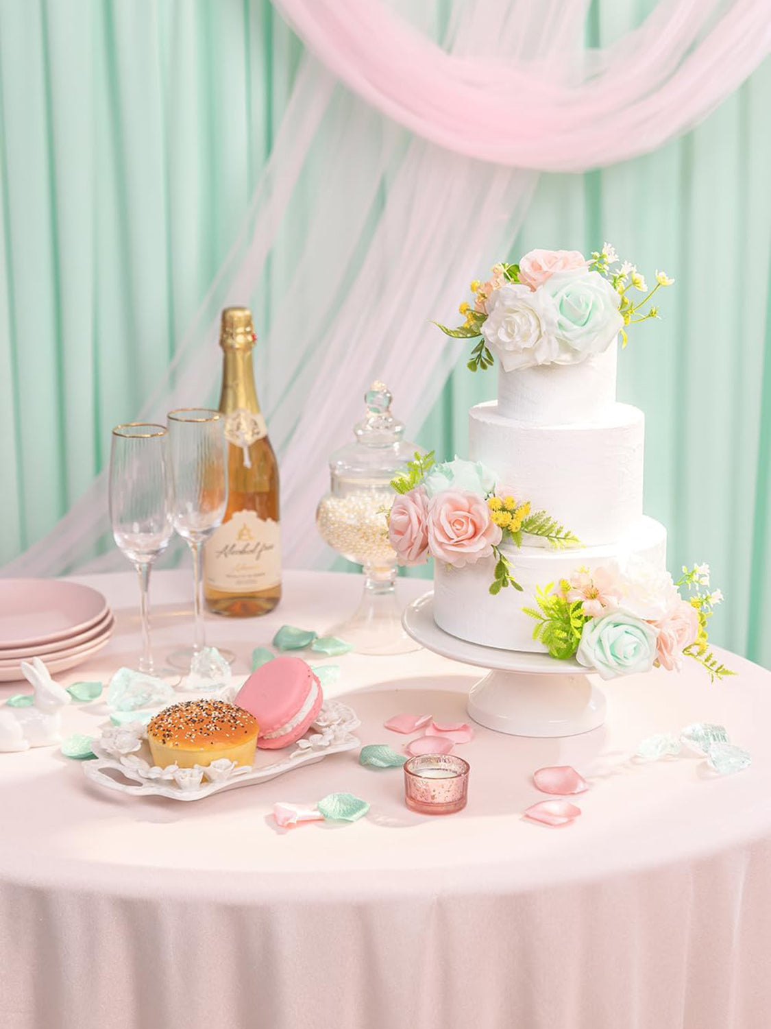 Mint Green and Pink 3Pcs Wedding  Artificial Flowers Decor Cake Decorations
