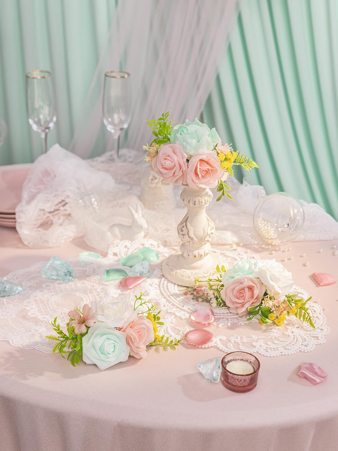 Mint Green and Pink 3Pcs Wedding  Artificial Flowers Decor Cake Decorations