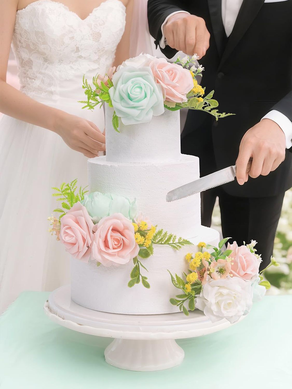 Mint Green and Pink 3Pcs Wedding  Artificial Flowers Decor Cake Decorations