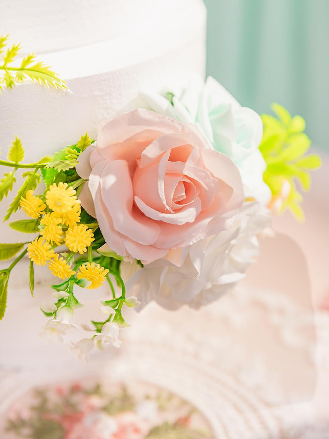 Mint Green and Pink 3Pcs Wedding  Artificial Flowers Decor Cake Decorations