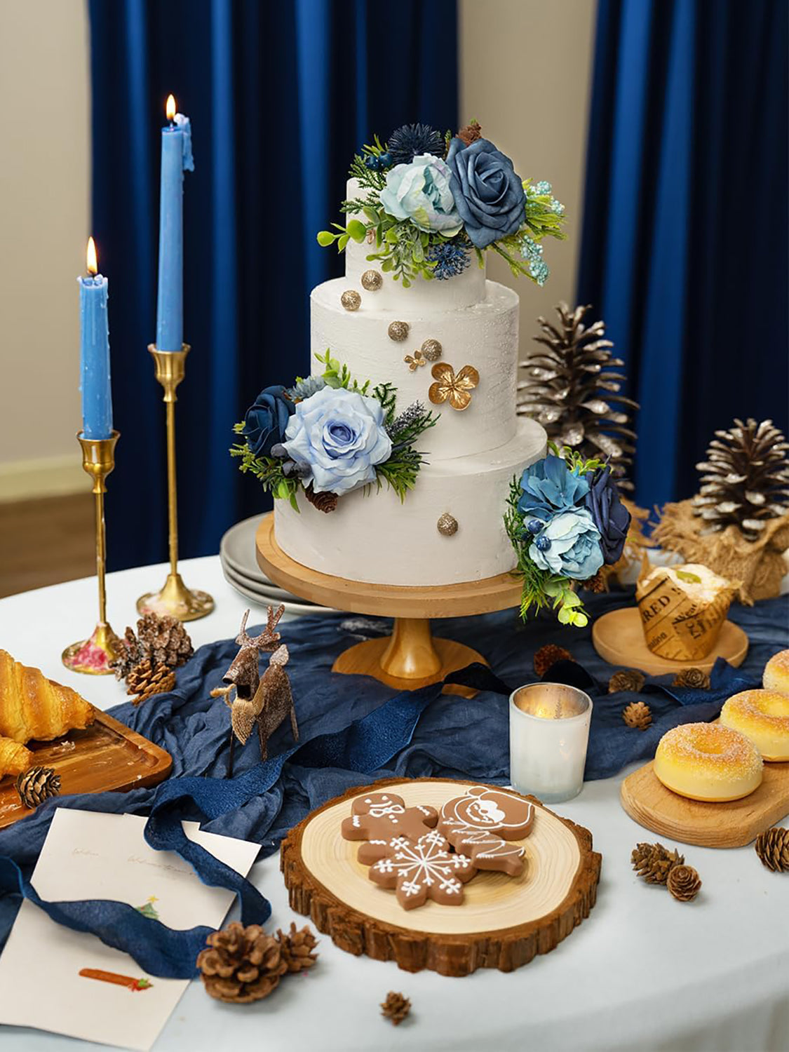 Navy Blue 3Pcs Wedding  Artificial Flowers Decor Cake Decorations