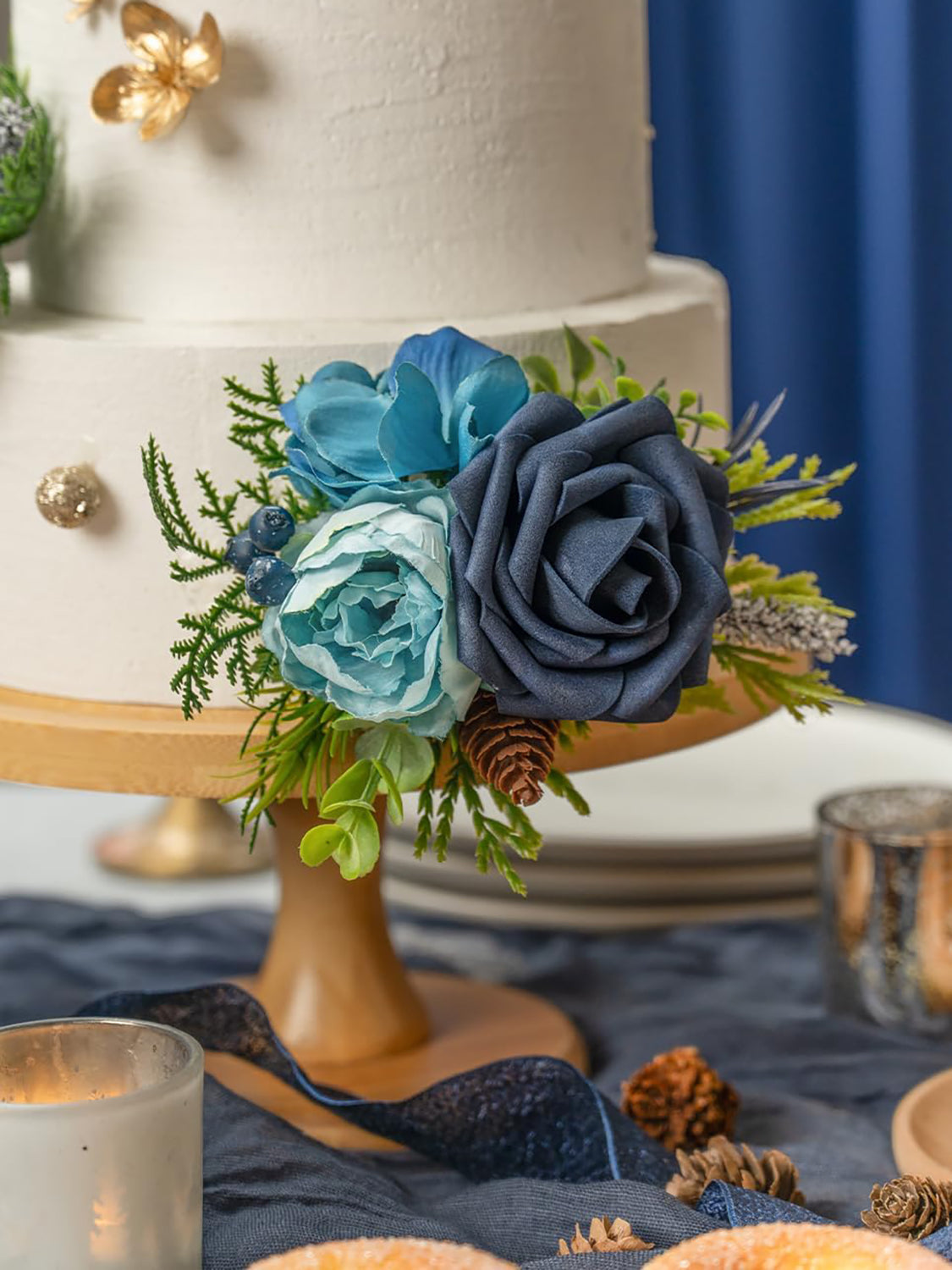 Navy Blue 3Pcs Wedding  Artificial Flowers Decor Cake Decorations