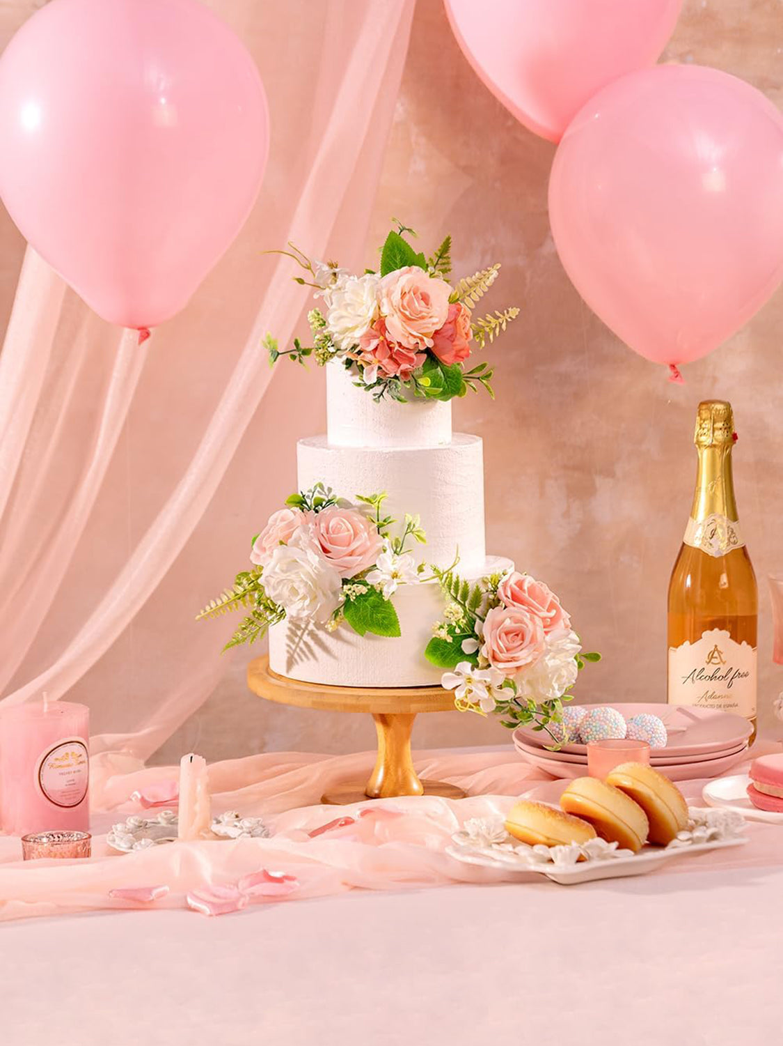 PeachPink & White 3Pcs Wedding  Artificial Flowers Decor Cake Decorations