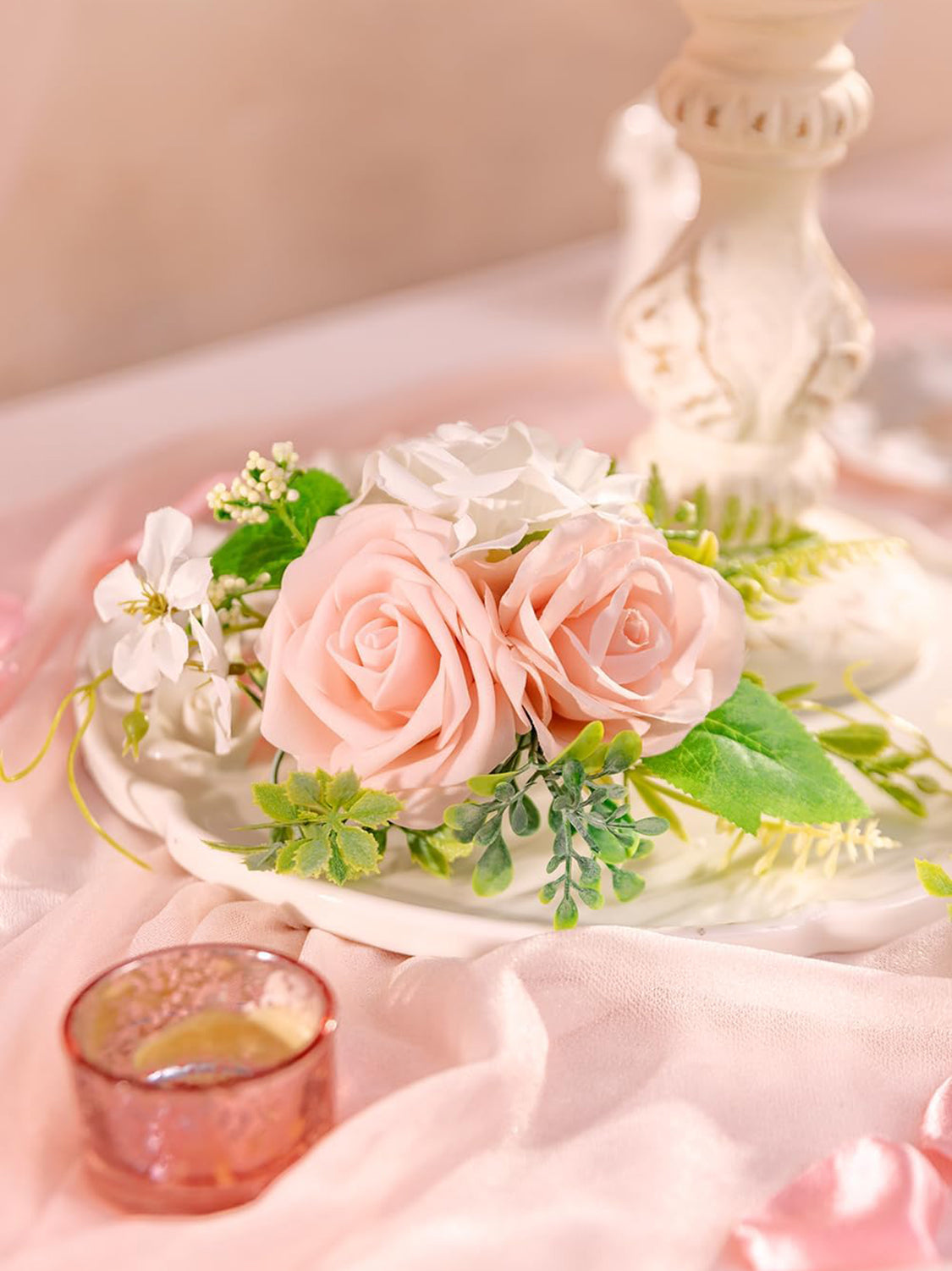 PeachPink & White 3Pcs Wedding  Artificial Flowers Decor Cake Decorations