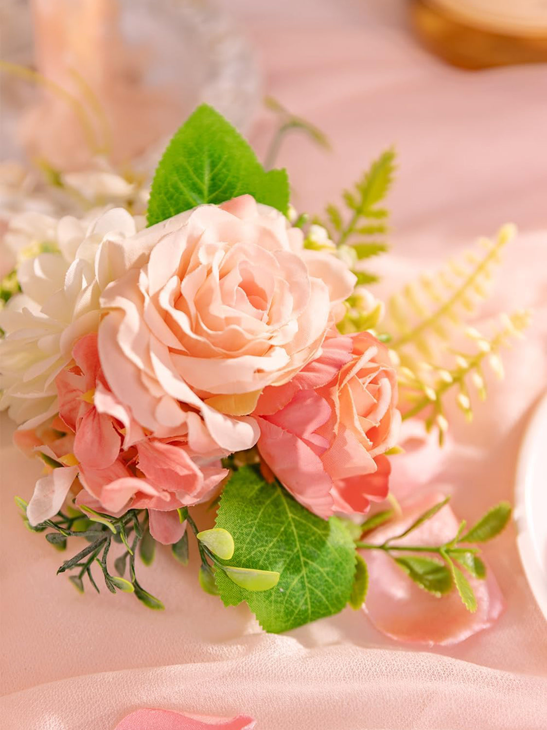 PeachPink & White 3Pcs Wedding  Artificial Flowers Decor Cake Decorations