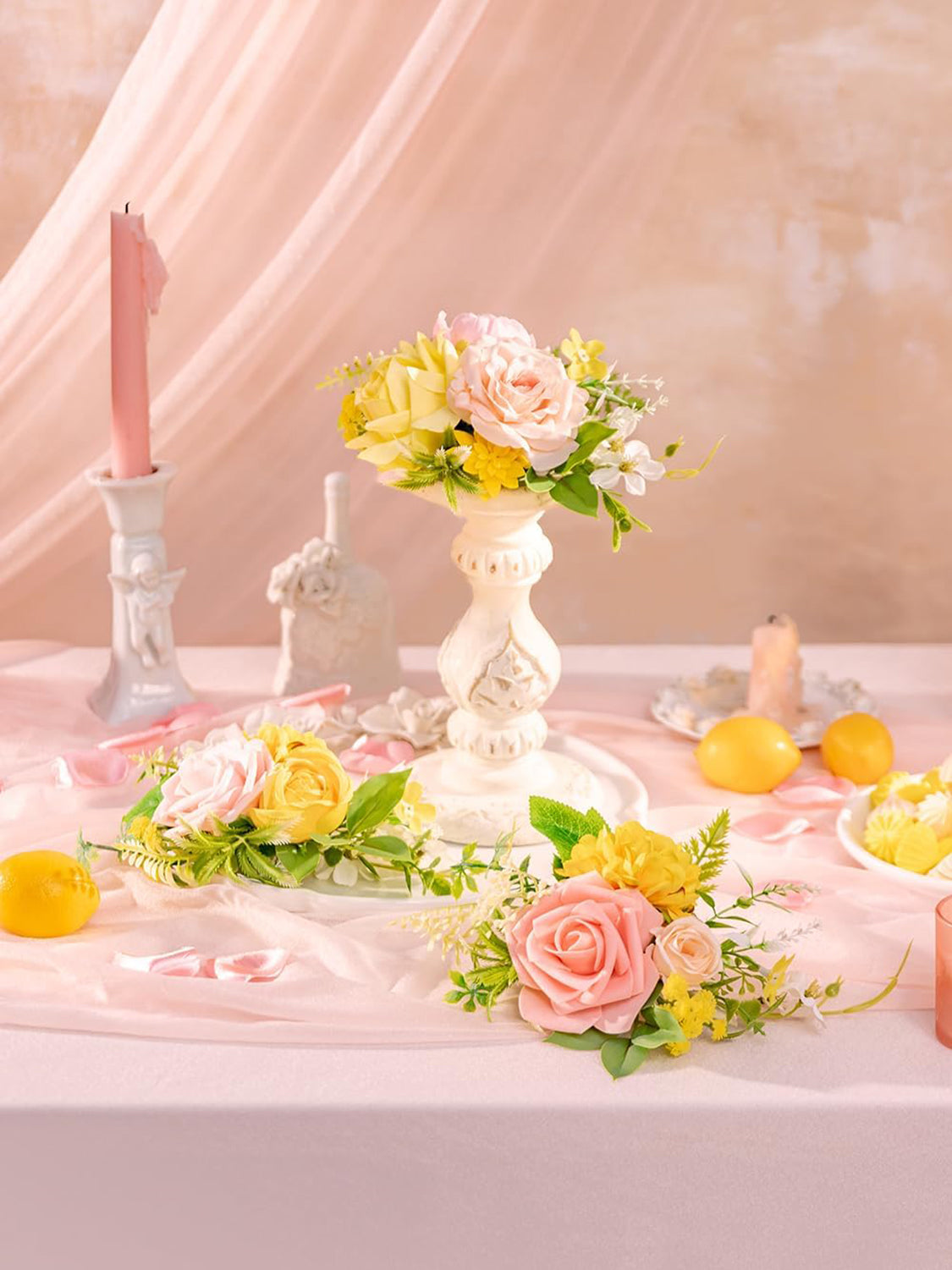 PeachPink & Yellow 3Pcs Wedding  Artificial Flowers Decor Cake Decorations