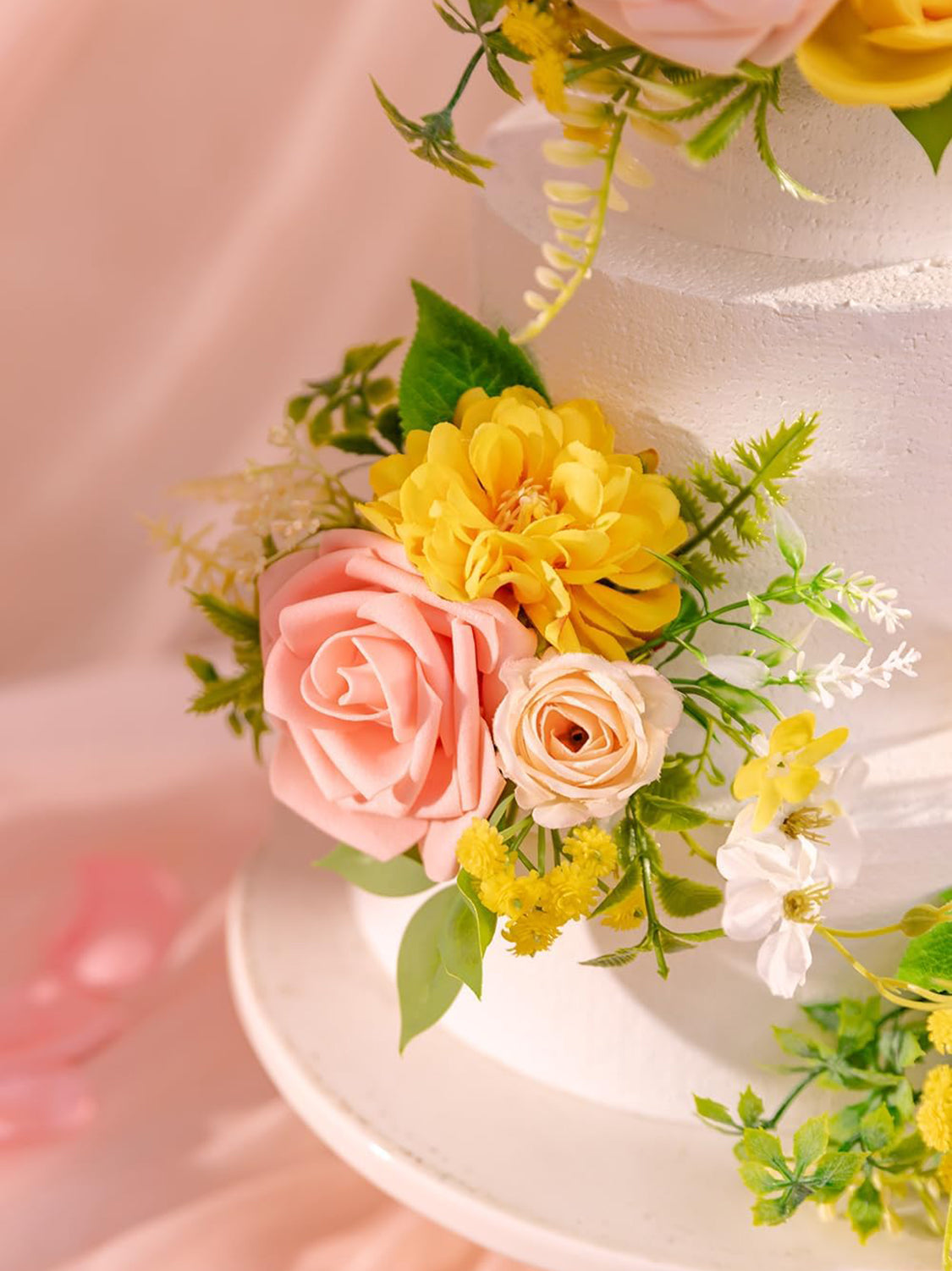 PeachPink & Yellow 3Pcs Wedding  Artificial Flowers Decor Cake Decorations
