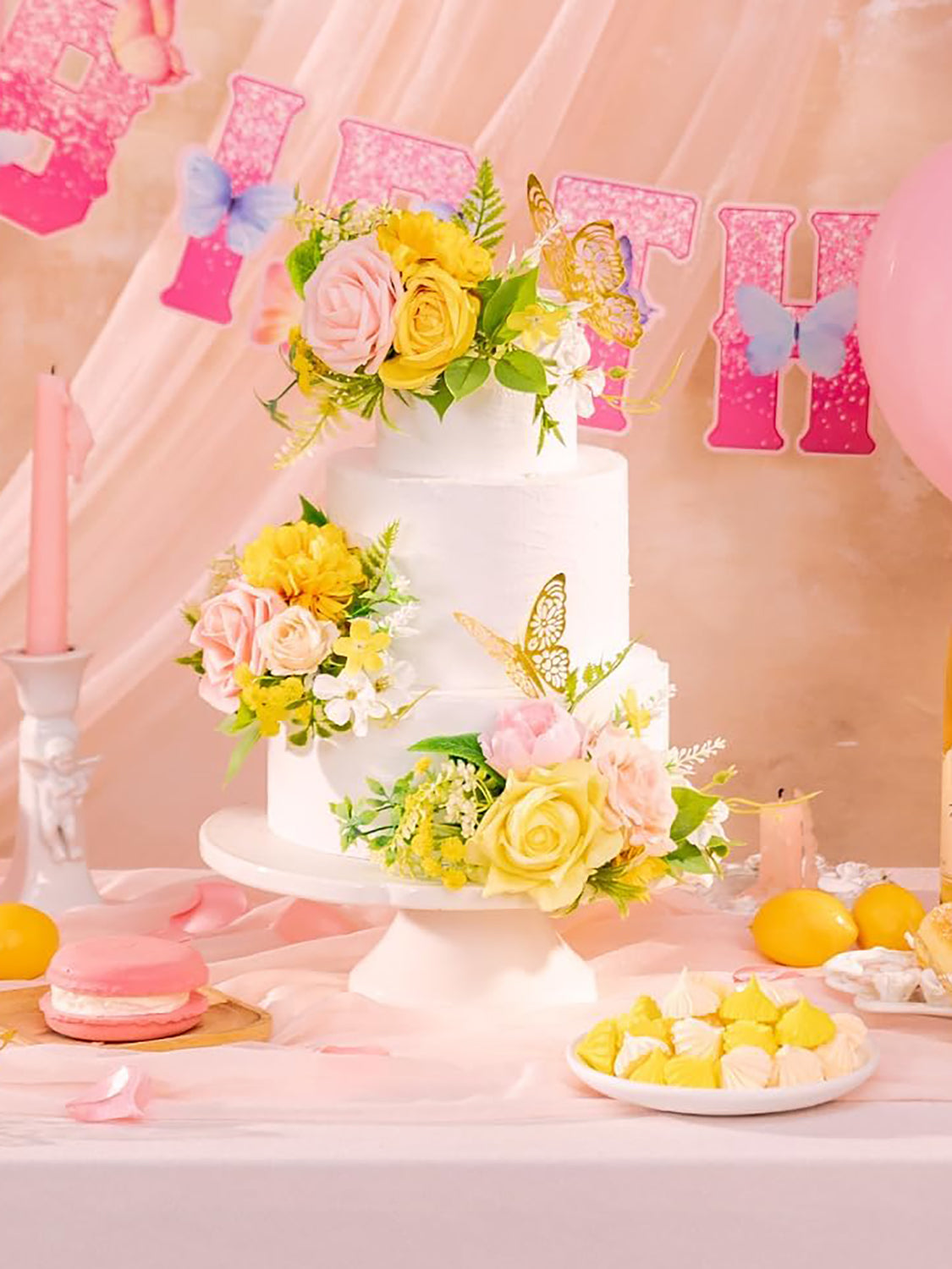PeachPink & Yellow 3Pcs Wedding  Artificial Flowers Decor Cake Decorations