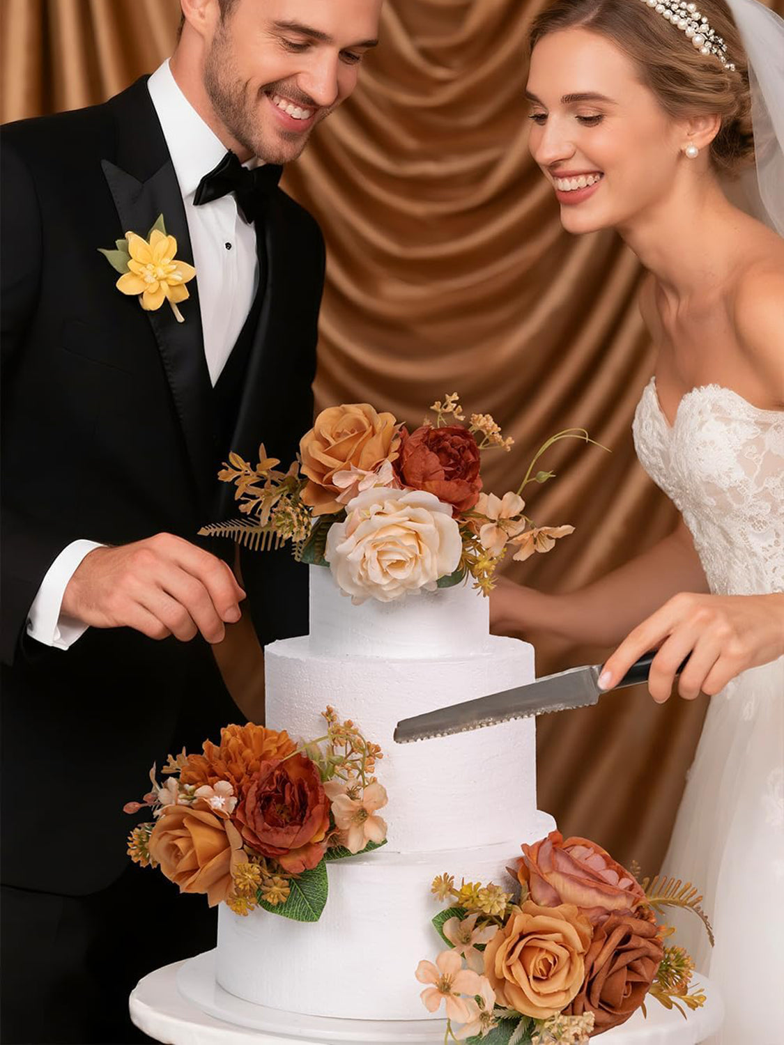 Burnt Orange 3Pcs Wedding  Artificial Flowers Decor Cake Decorations