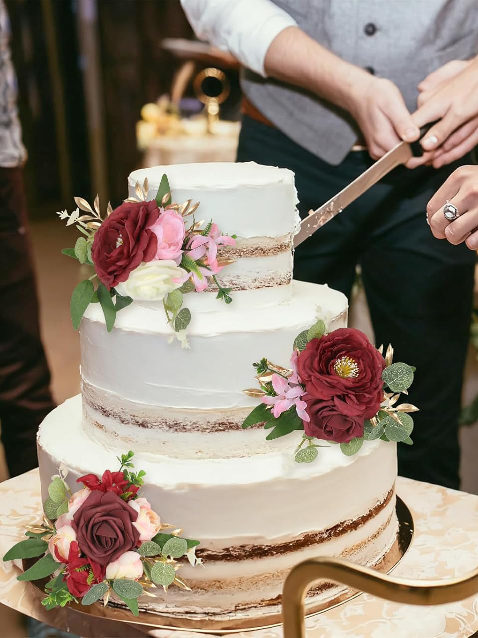 Wedding Cake Toppers Burgundy Flowers Artificial Cake Flowers 3Pcs