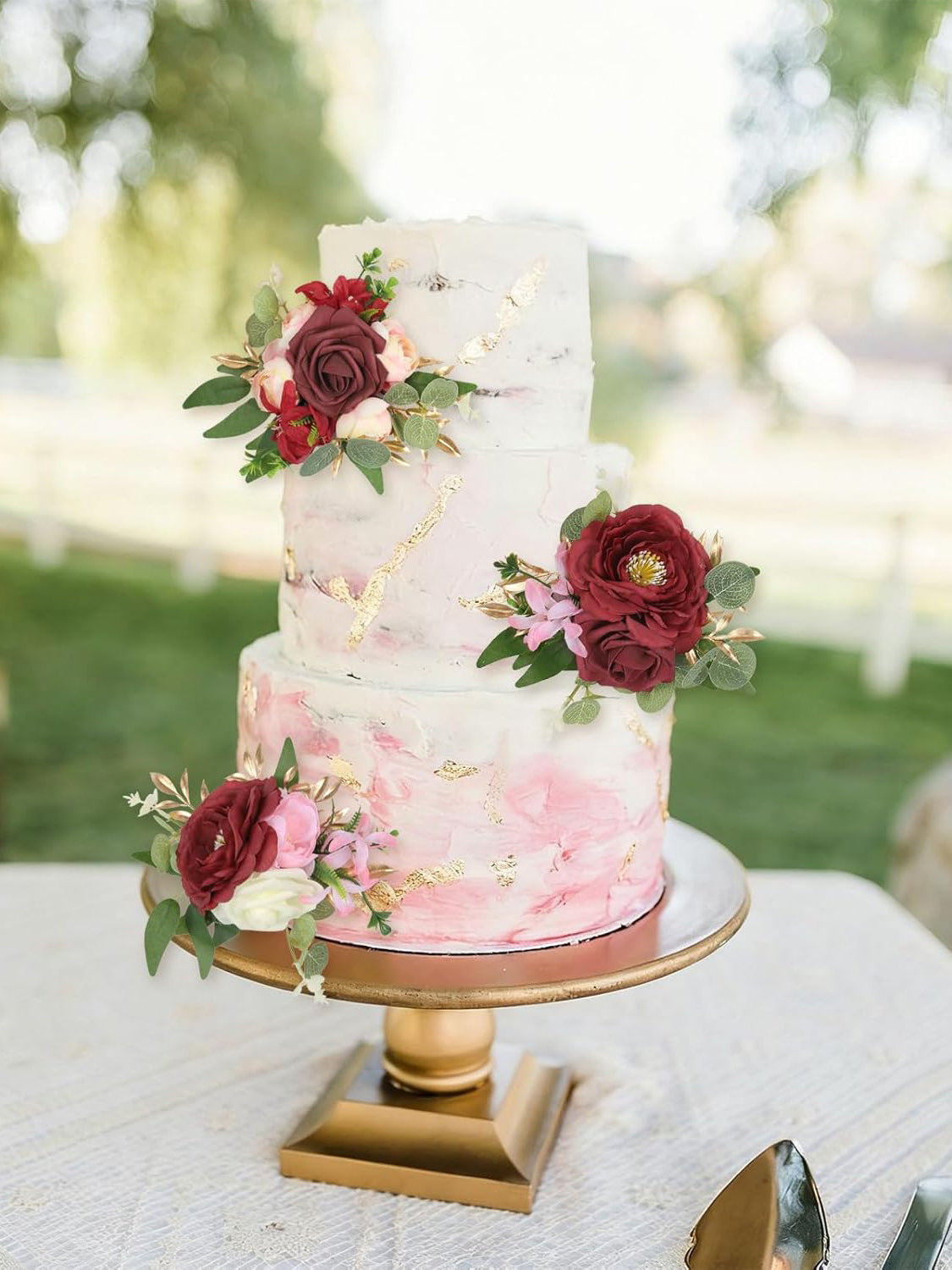 Wedding Cake Toppers Burgundy Flowers Artificial Cake Flowers 3Pcs