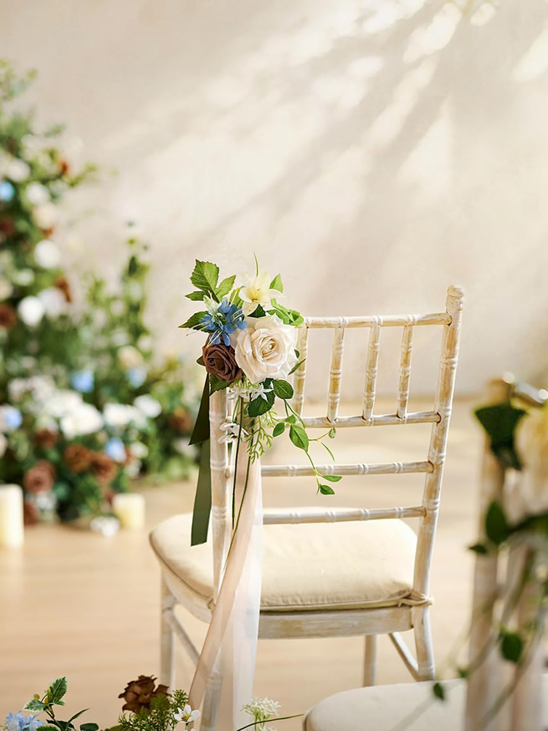 Tawny Beige & Earth Brown & Blue 8pcs Wedding Artificial Aisle Pew Flowers Chair Decorations