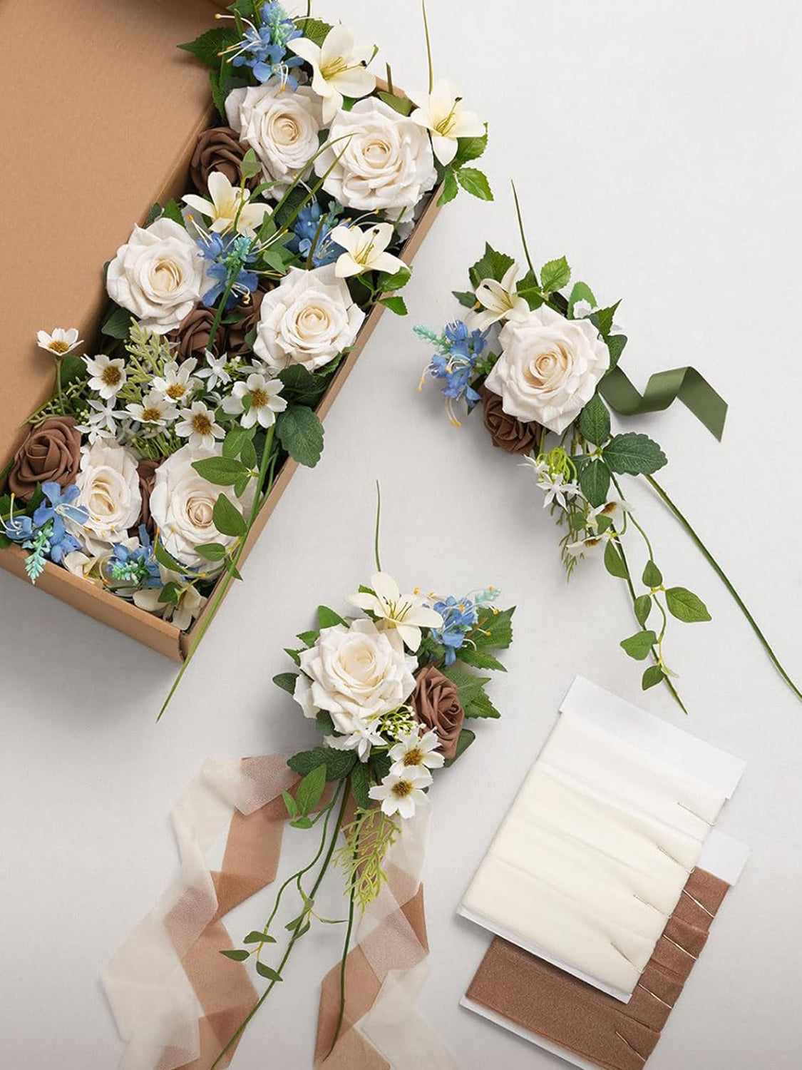 Tawny Beige & Earth Brown & Blue 8pcs Wedding Artificial Aisle Pew Flowers Chair Decorations