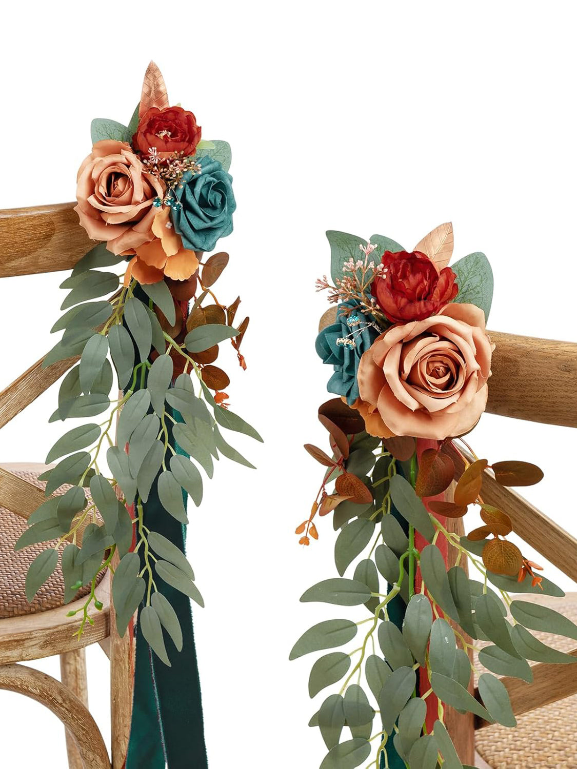 Dark Teal & Burnt Orange 8pcs Wedding Artificial Aisle Pew Flowers Chair Decorations