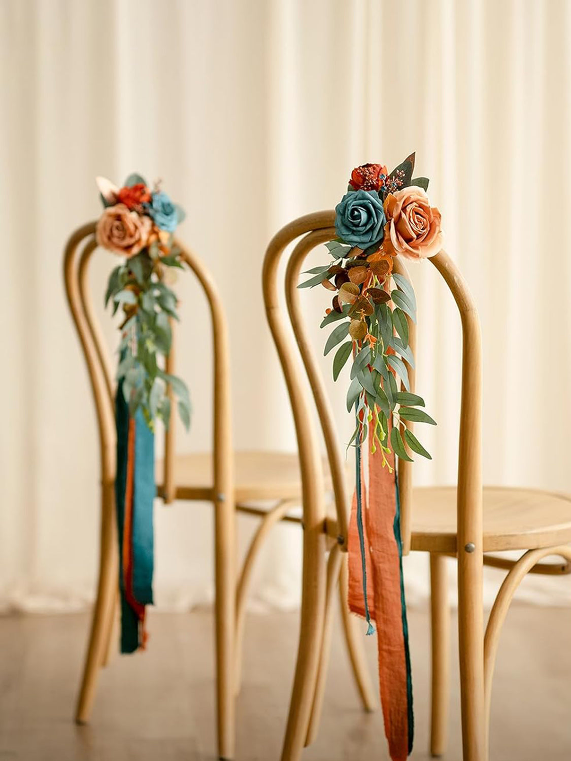 Dark Teal & Burnt Orange 8pcs Wedding Artificial Aisle Pew Flowers Chair Decorations