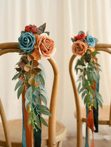 Dark Teal & Burnt Orange 8pcs Wedding Artificial Aisle Pew Flowers Chair Decorations