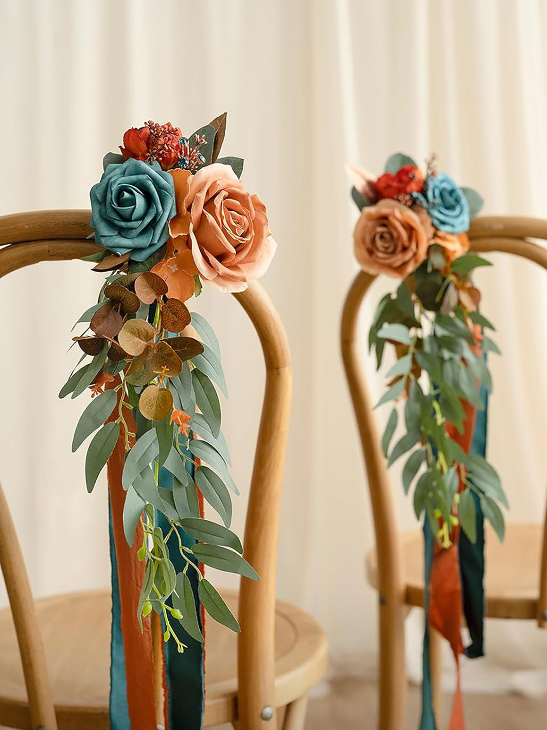 Dark Teal & Burnt Orange 8pcs Wedding Artificial Aisle Pew Flowers Chair Decorations