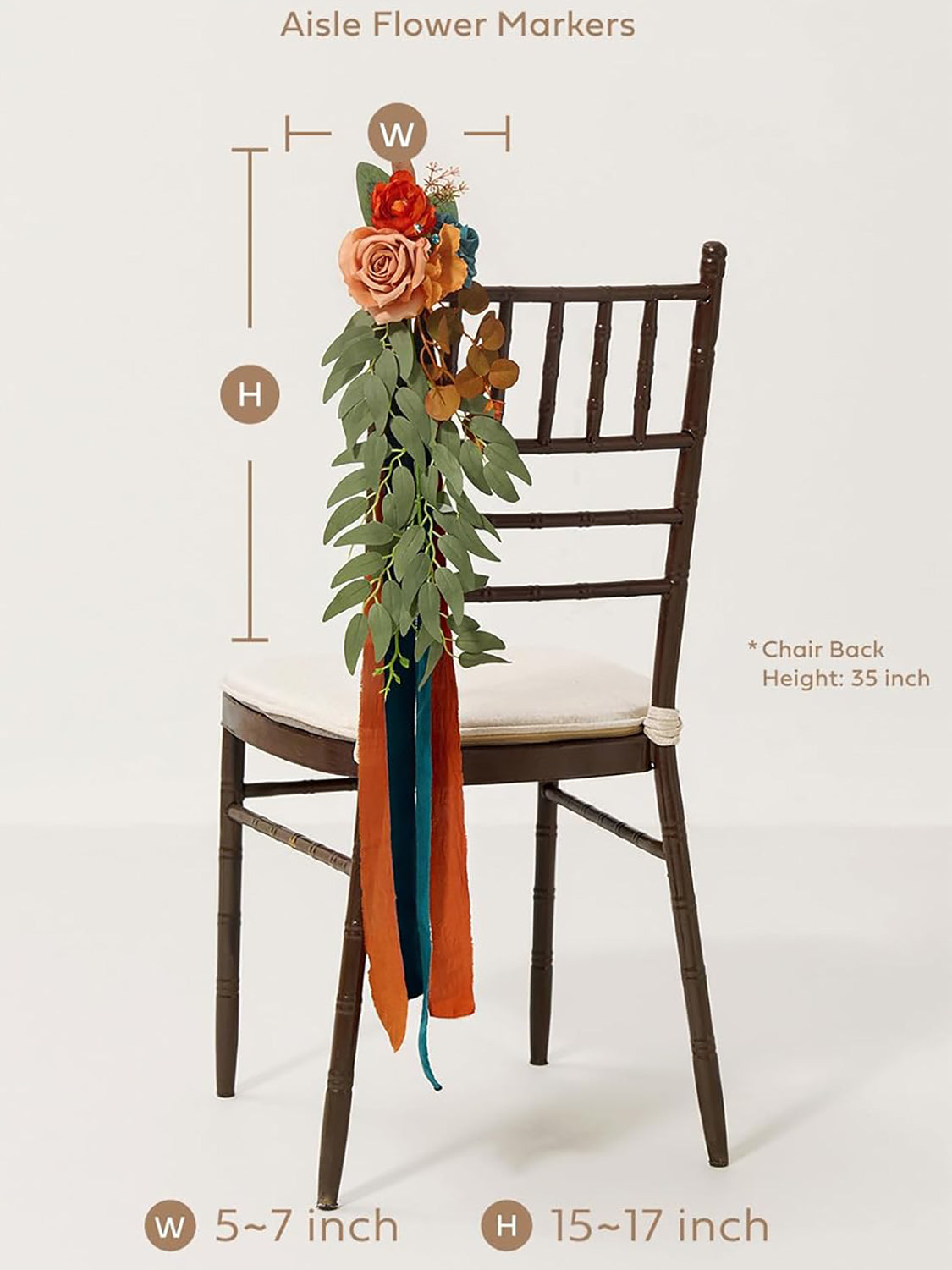 Dark Teal & Burnt Orange 8pcs Wedding Artificial Aisle Pew Flowers Chair Decorations