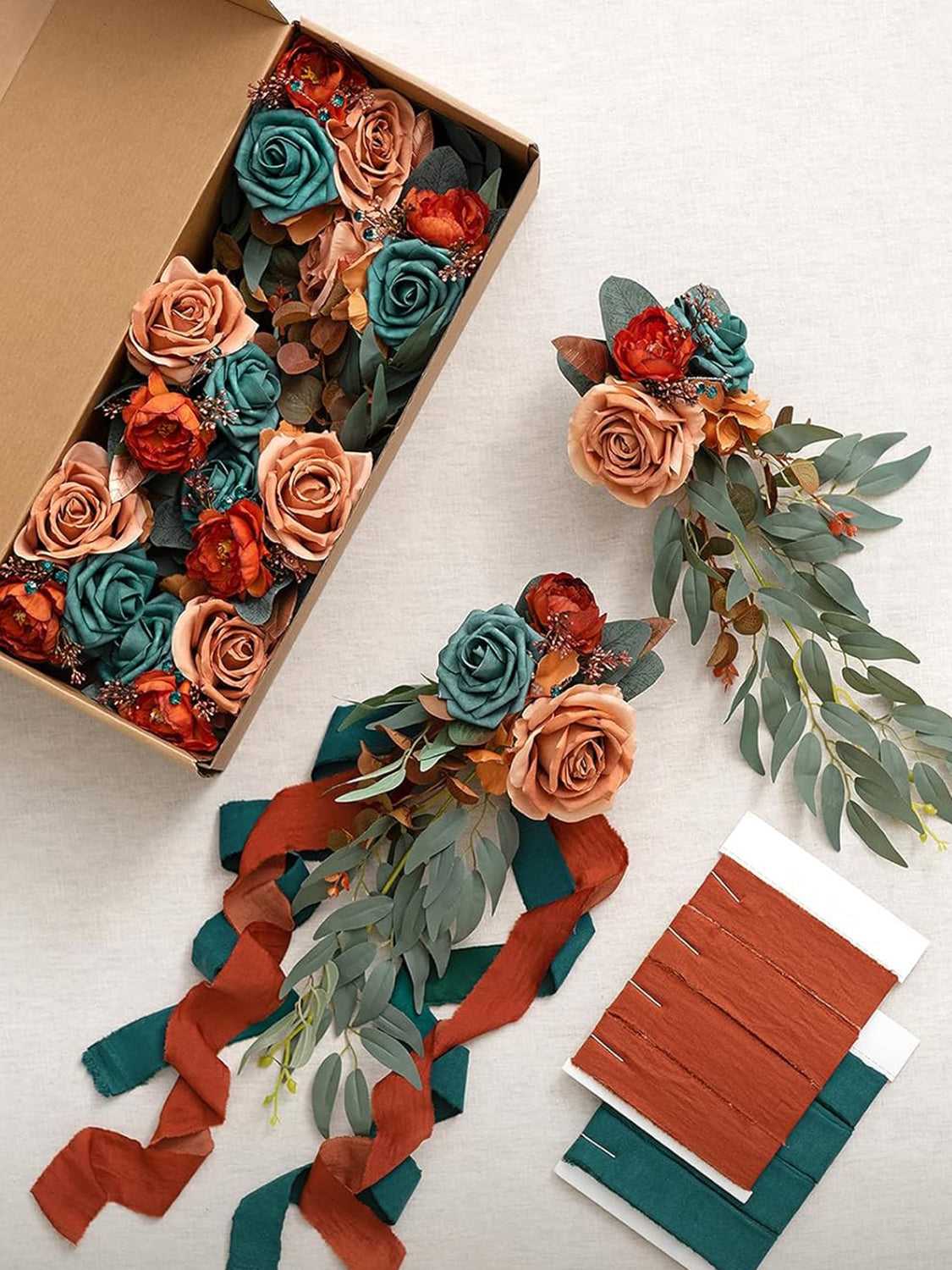 Dark Teal & Burnt Orange 8pcs Wedding Artificial Aisle Pew Flowers Chair Decorations