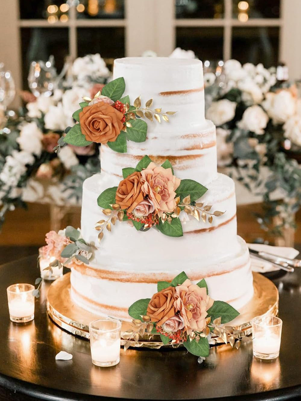 Burnt Orange Cake Flowers 3Pcs Faux Wedding Decoration