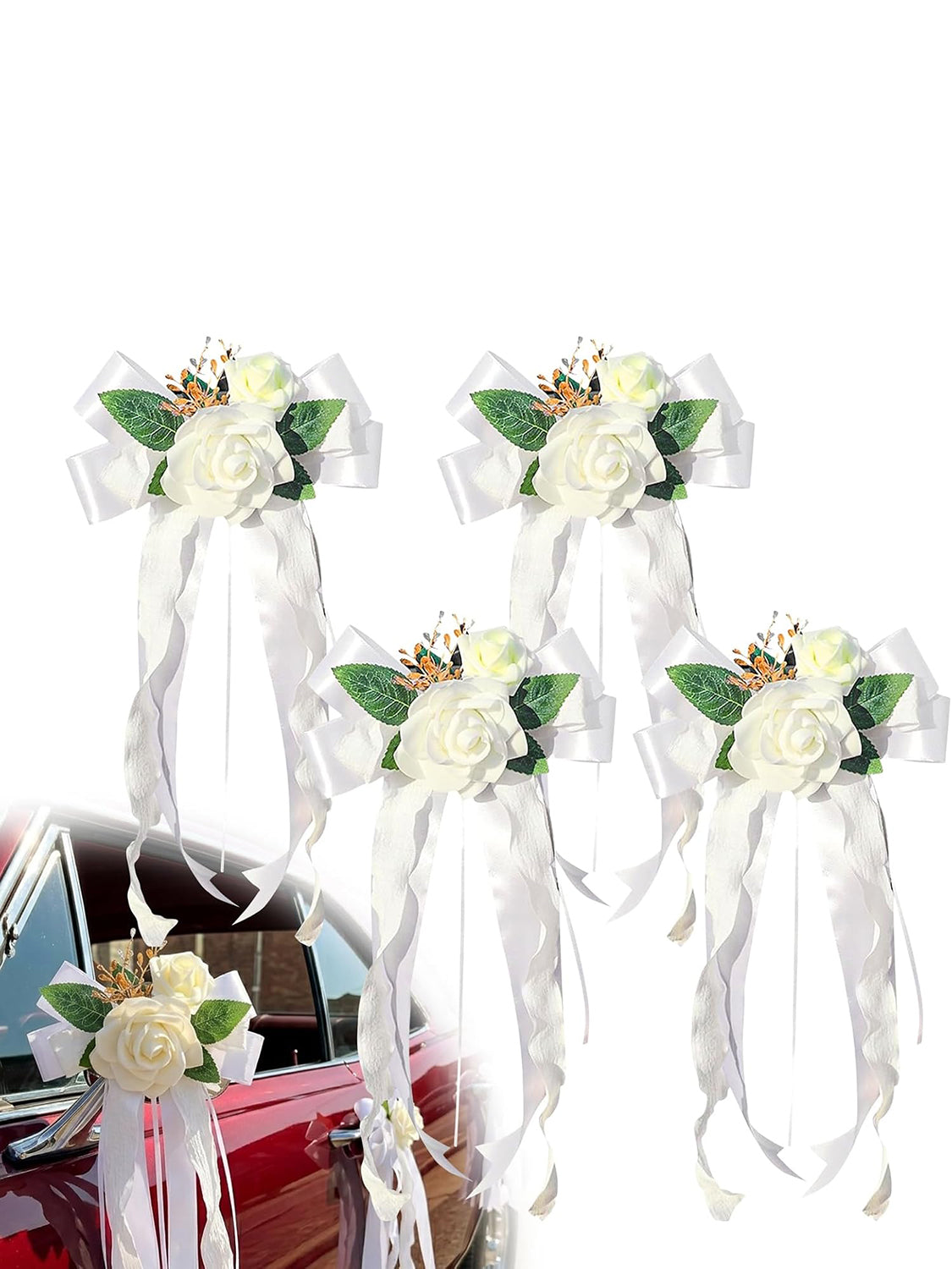 White Wedding Car Door Handle Decorative Flowers Bowknot 4Pcs