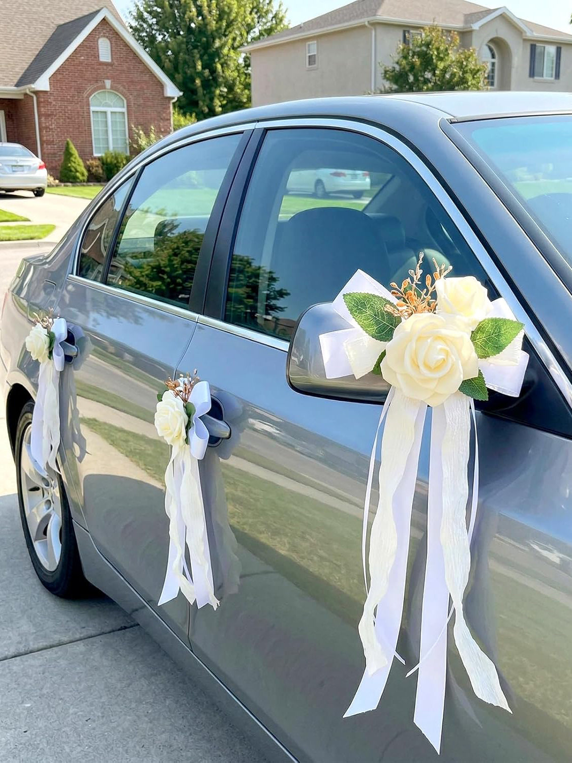White Wedding Car Door Handle Decorative Flowers Bowknot 4Pcs