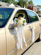White Wedding Car Door Handle Decorative Flowers Bowknot 4Pcs
